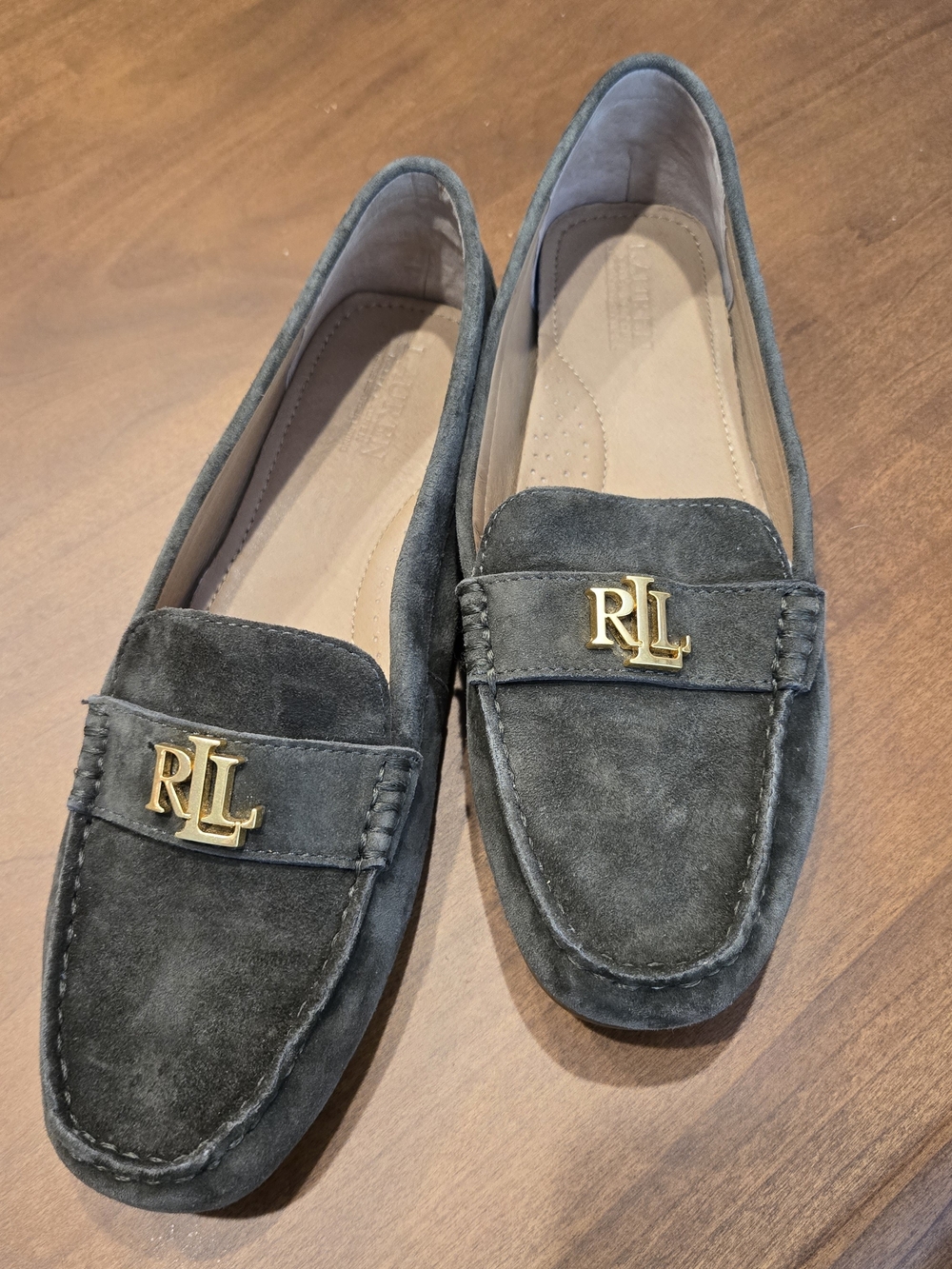 Ralph Lauren Charcoal Suede Loafers Driving Shoes LRL Logo Acadamia Collegiate